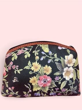 Vintage i Santi Milano Floral Tapestry Cosmetic Bag Pouch Leather Trim